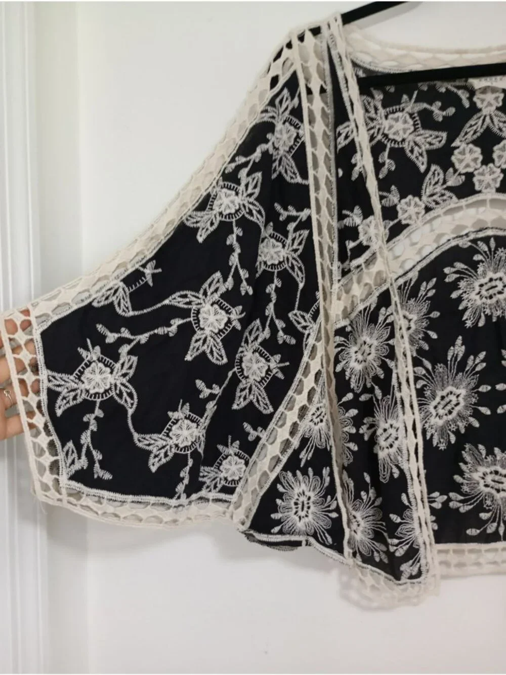 Ember Boho Black Sheer Lace Floral Embroidered Open Cardigan Kimono Women S